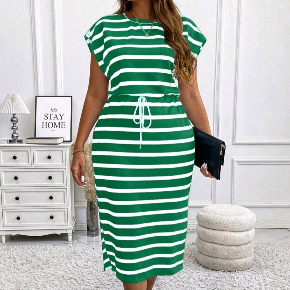 Striped Green & White Drawstring Waist Midi Dress
